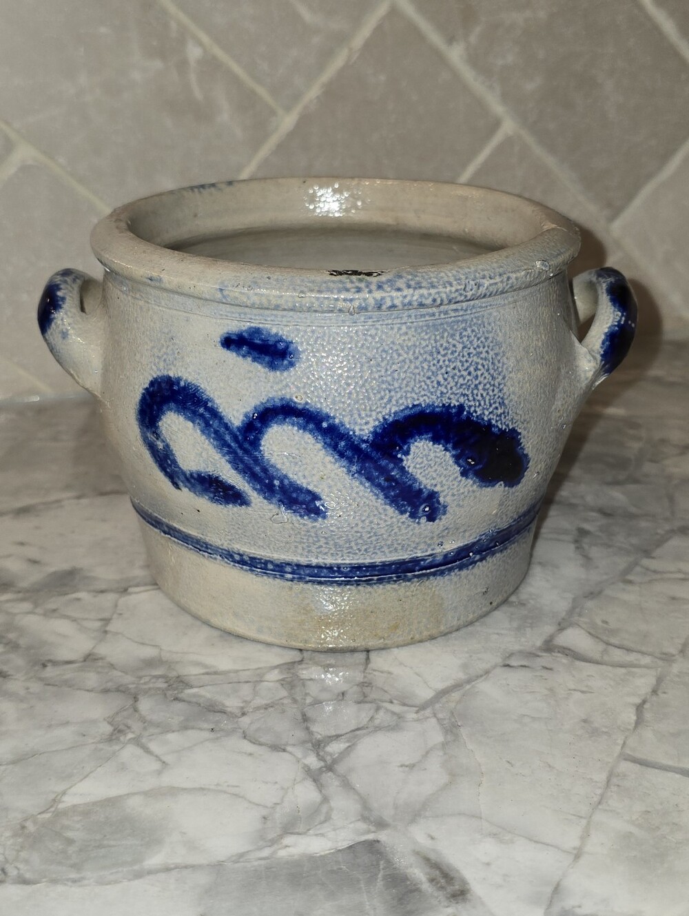 Antique Salt Glazed Crock W/ Cobalt Blue Slip Art Pottery Bowl Planter Jar